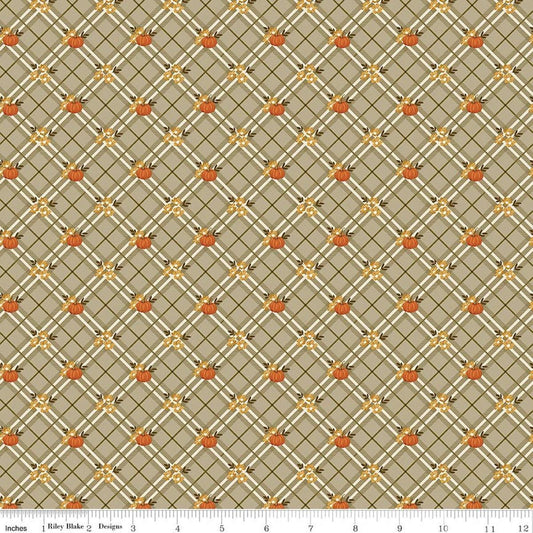 Image of Bountiful Pumpkin Plaid Sage quilting cotton fabric by Sandy Gervais for Riley Blake Designs. Features plaid on a gray background. Cute Little Fabric Shop.
