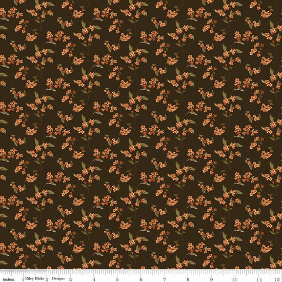 Image of Bountiful Bittersweet Mocha quilting cotton fabric by Sandy Gervais for Riley Blake Designs. Features flowers on a brown background. Cute Little Fabric Shop.