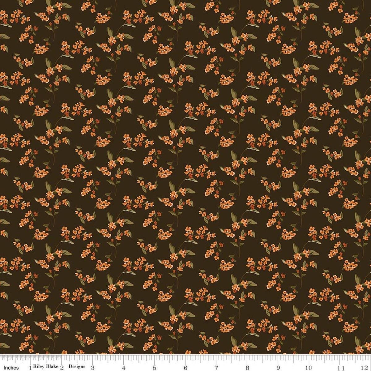 Image of Bountiful Bittersweet Mocha quilting cotton fabric by Sandy Gervais for Riley Blake Designs. Features flowers on a brown background. Cute Little Fabric Shop.