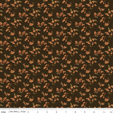 Image of Bountiful Bittersweet Mocha quilting cotton fabric by Sandy Gervais for Riley Blake Designs. Features flowers on a brown background. Cute Little Fabric Shop.