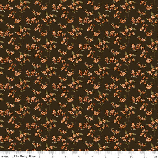 Image of Bountiful Bittersweet Mocha quilting cotton fabric by Sandy Gervais for Riley Blake Designs. Features flowers on a brown background. Cute Little Fabric Shop.
