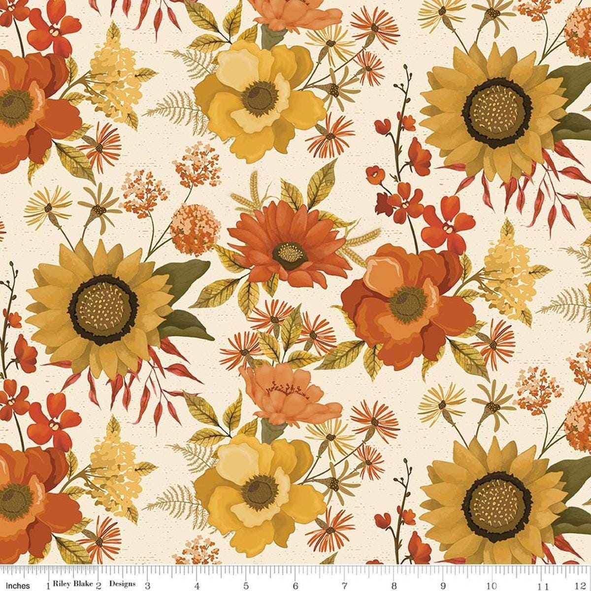Image of Bountiful Main Cream quilting cotton fabric by Sandy Gervais for Riley Blake Designs. Features flowers on a cream background. Cute Little Fabric Shop.