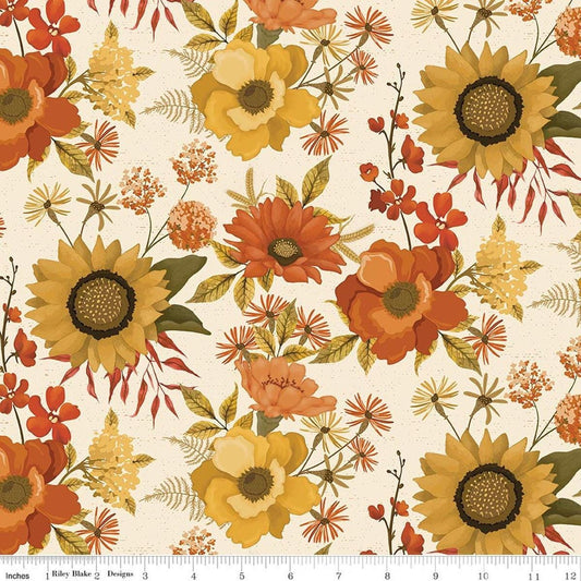 Image of Bountiful Main Cream quilting cotton fabric by Sandy Gervais for Riley Blake Designs. Features flowers on a cream background. Cute Little Fabric Shop.