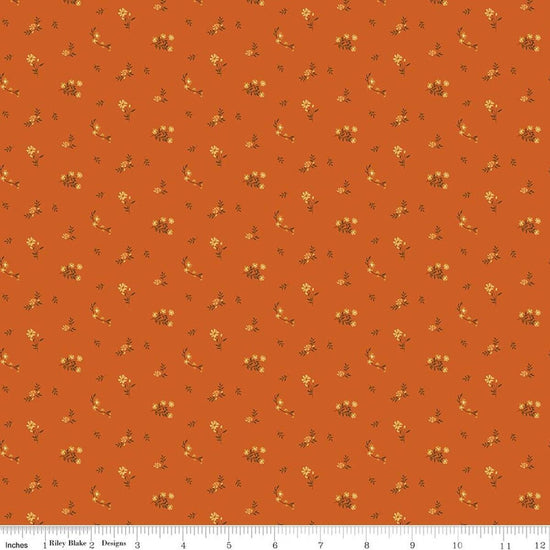 Image of Bountiful Flower Toss Autumn quilting cotton fabric by Sandy Gervais for Riley Blake Designs. Features flowers on an orange background. Cute Little Fabric Shop.