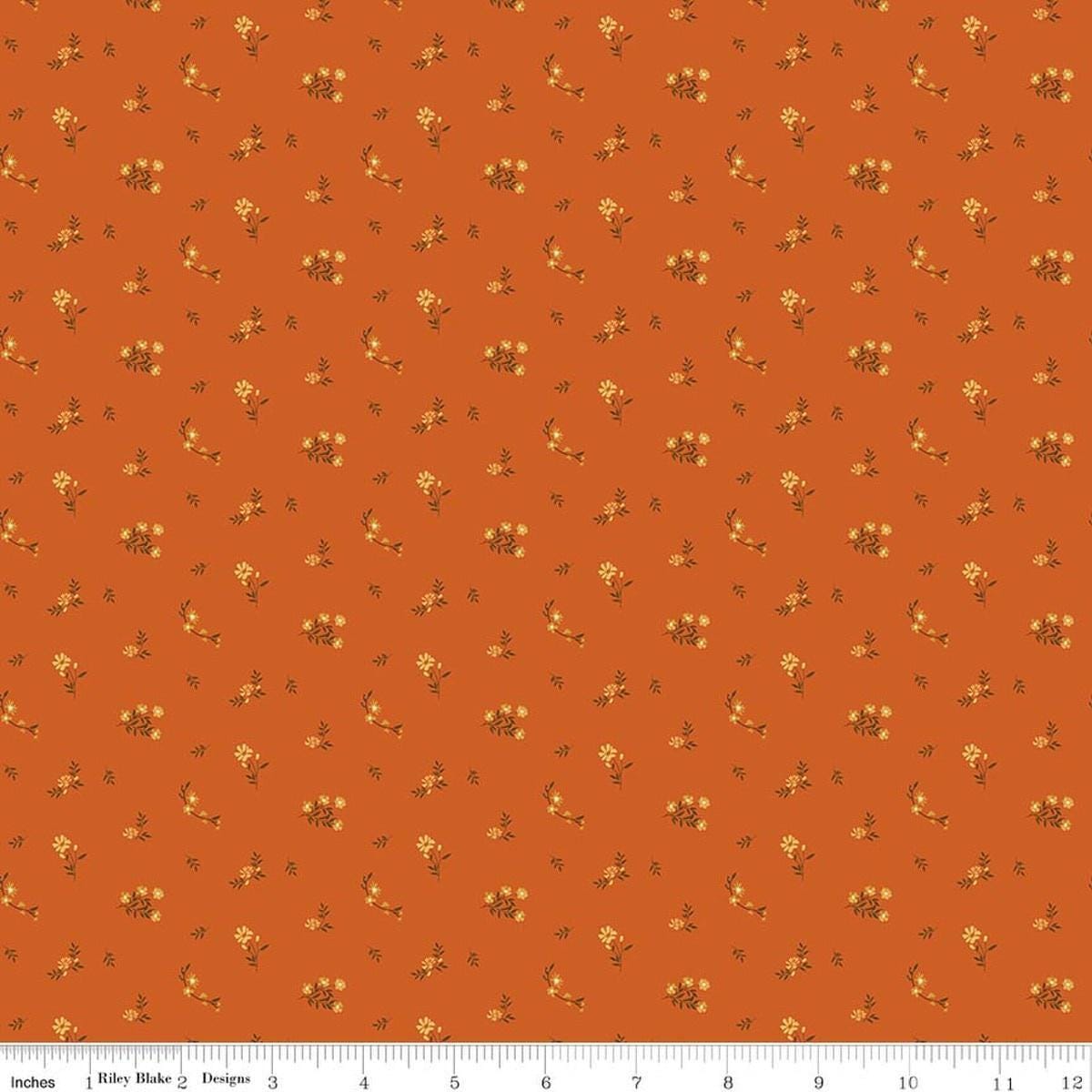 Image of Bountiful Flower Toss Autumn quilting cotton fabric by Sandy Gervais for Riley Blake Designs. Features flowers on an orange background. Cute Little Fabric Shop.