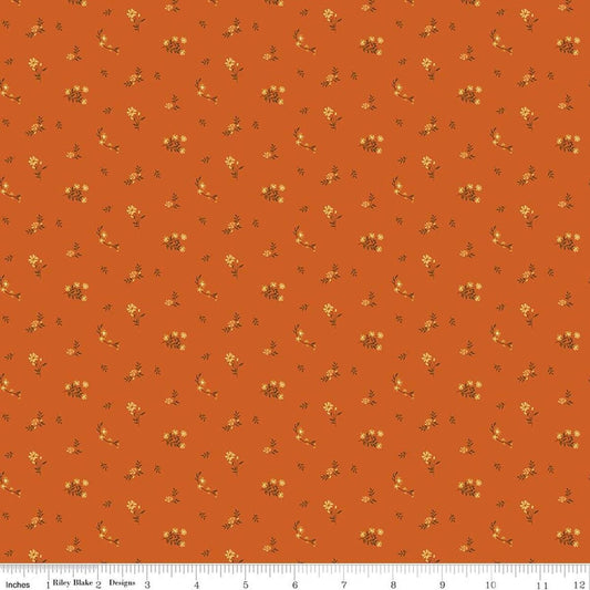 Image of Bountiful Flower Toss Autumn quilting cotton fabric by Sandy Gervais for Riley Blake Designs. Features flowers on an orange background. Cute Little Fabric Shop.