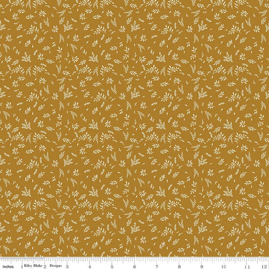 Image of Bountiful Leaves Butterscotch quilting cotton fabric by Sandy Gervais for Riley Blake Designs. Features leaves on a yellow background. Cute Little Fabric Shop.