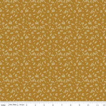 Image of Bountiful Leaves Butterscotch quilting cotton fabric by Sandy Gervais for Riley Blake Designs. Features leaves on a yellow background. Cute Little Fabric Shop.