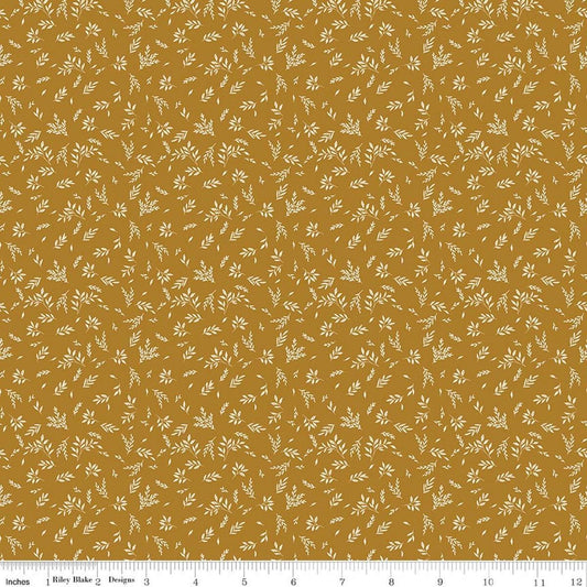 Image of Bountiful Leaves Butterscotch quilting cotton fabric by Sandy Gervais for Riley Blake Designs. Features leaves on a yellow background. Cute Little Fabric Shop.