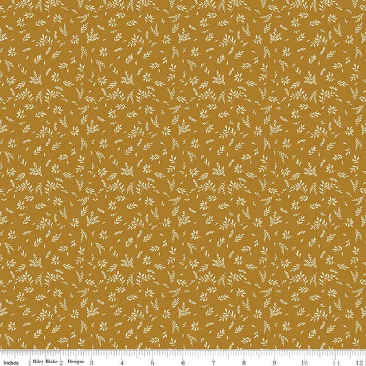 Image of Bountiful Leaves Butterscotch quilting cotton fabric by Sandy Gervais for Riley Blake Designs. Features leaves on a yellow background. Cute Little Fabric Shop.