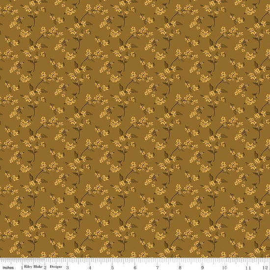 Image of Bountiful Bittersweet Suede quilting cotton fabric by Sandy Gervais for Riley Blake Designs. Features flowers on a brown background. Cute Little Fabric Shop.