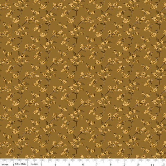 Image of Bountiful Bittersweet Suede quilting cotton fabric by Sandy Gervais for Riley Blake Designs. Features flowers on a brown background. Cute Little Fabric Shop.