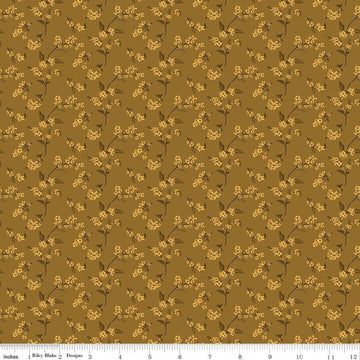 Image of Bountiful Bittersweet Suede quilting cotton fabric by Sandy Gervais for Riley Blake Designs. Features flowers on a brown background. Cute Little Fabric Shop.