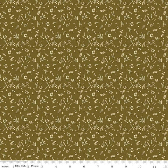 Image of Bountiful Leaves Green quilting cotton fabric by Sandy Gervais for Riley Blake Designs. Features leaves on a green background. Cute Little Fabric Shop.
