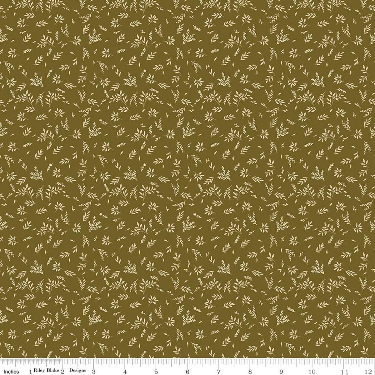 Image of Bountiful Leaves Green quilting cotton fabric by Sandy Gervais for Riley Blake Designs. Features leaves on a green background. Cute Little Fabric Shop.