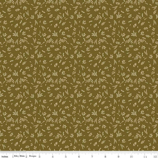 Image of Bountiful Leaves Green quilting cotton fabric by Sandy Gervais for Riley Blake Designs. Features leaves on a green background. Cute Little Fabric Shop.