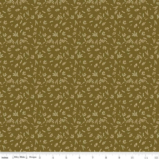 Image of Bountiful Leaves Green quilting cotton fabric by Sandy Gervais for Riley Blake Designs. Features leaves on a green background. Cute Little Fabric Shop.