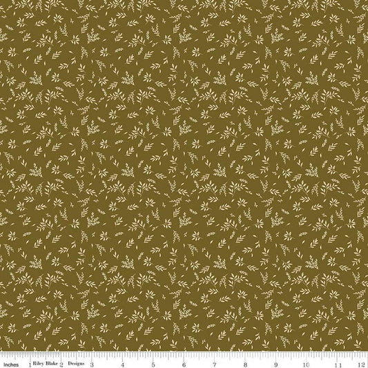 Image of Bountiful Leaves Green quilting cotton fabric by Sandy Gervais for Riley Blake Designs. Features leaves on a green background. Cute Little Fabric Shop.