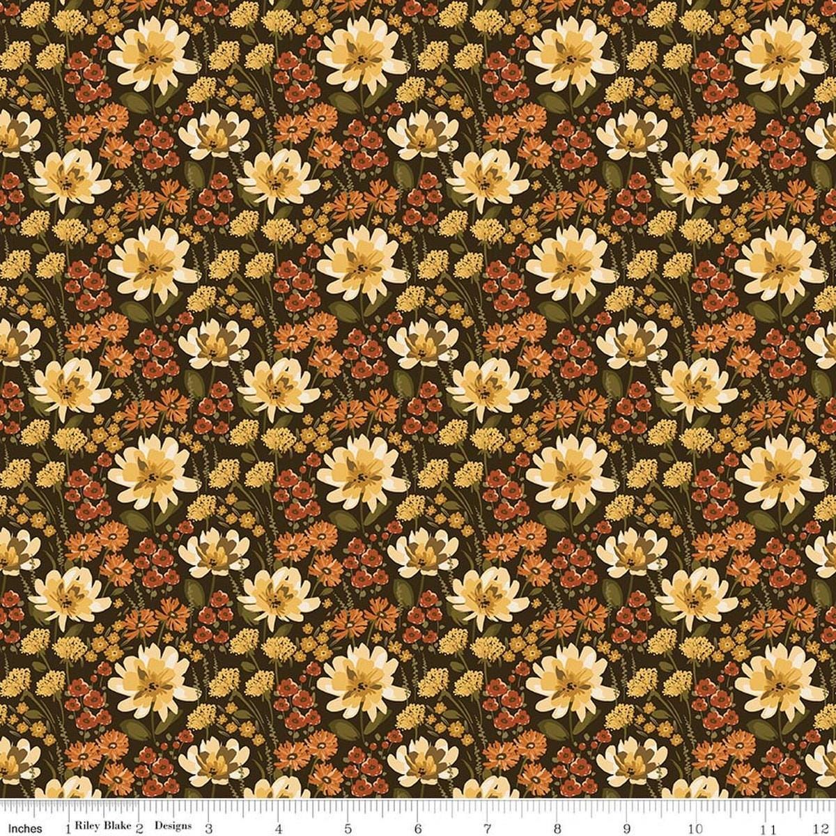 Image of Bountiful Floral Mocha quilting cotton fabric by Sandy Gervais for Riley Blake Designs. Features flowers on a brown background. Cute Little Fabric Shop.