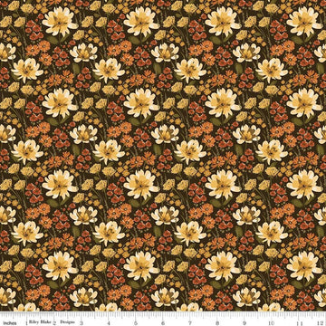 Image of Bountiful Floral Mocha quilting cotton fabric by Sandy Gervais for Riley Blake Designs. Features flowers on a brown background. Cute Little Fabric Shop.