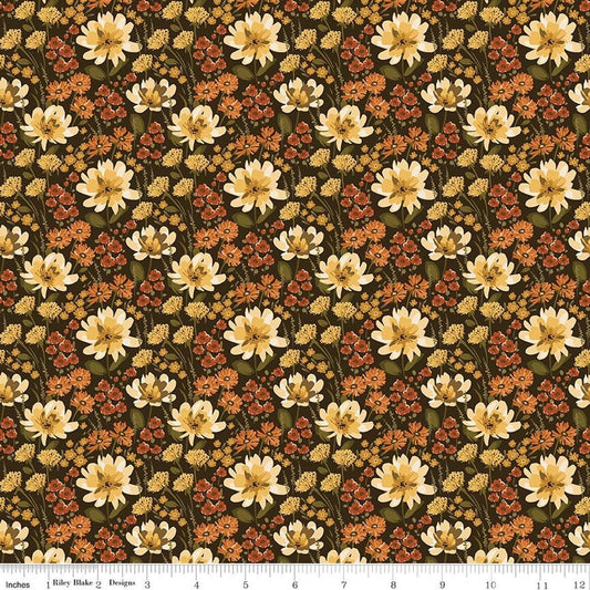 Image of Bountiful Floral Mocha quilting cotton fabric by Sandy Gervais for Riley Blake Designs. Features flowers on a brown background. Cute Little Fabric Shop.