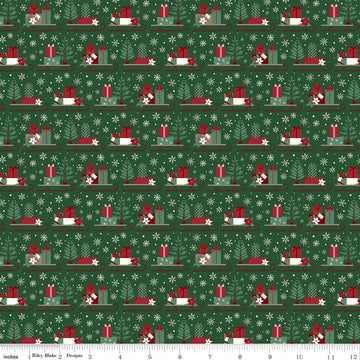 Image of Christmas Time Sleds Forest quilting cotton fabric by Dani Mogstad for Riley Blake Designs. Features presents on a green background. Cute Little Fabric Shop.