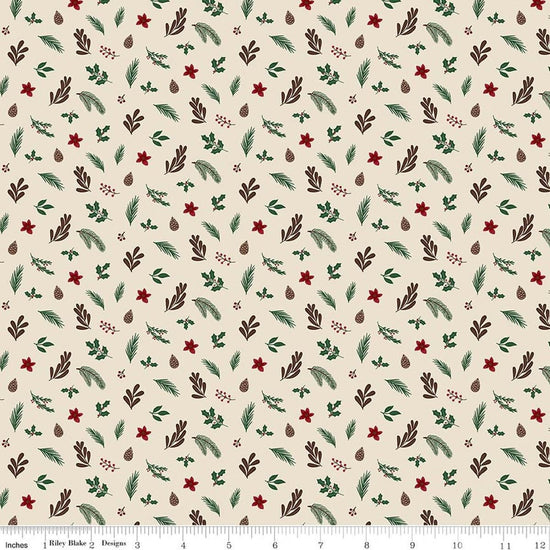 Image of Christmas Time Foliage Linen quilting cotton fabric by Dani Mogstad for Riley Blake Designs. Features leaves on a cream background. Cute Little Fabric Shop.