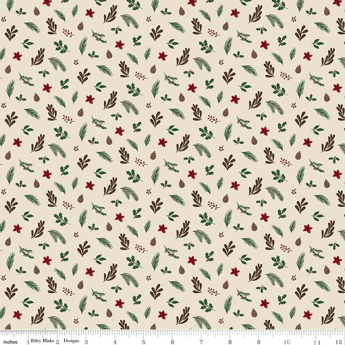 Image of Christmas Time Foliage Linen quilting cotton fabric by Dani Mogstad for Riley Blake Designs. Features leaves on a cream background. Cute Little Fabric Shop.