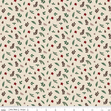 Image of Christmas Time Foliage Linen quilting cotton fabric by Dani Mogstad for Riley Blake Designs. Features leaves on a cream background. Cute Little Fabric Shop.