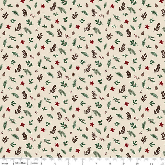 Image of Christmas Time Foliage Linen quilting cotton fabric by Dani Mogstad for Riley Blake Designs. Features leaves on a cream background. Cute Little Fabric Shop.