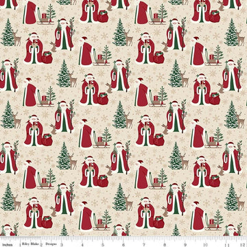 Image of Christmas Time Main Linen quilting cotton fabric by Dani Mogstad for Riley Blake Designs. Features Santas on a cream background. Cute Little Fabric Shop.