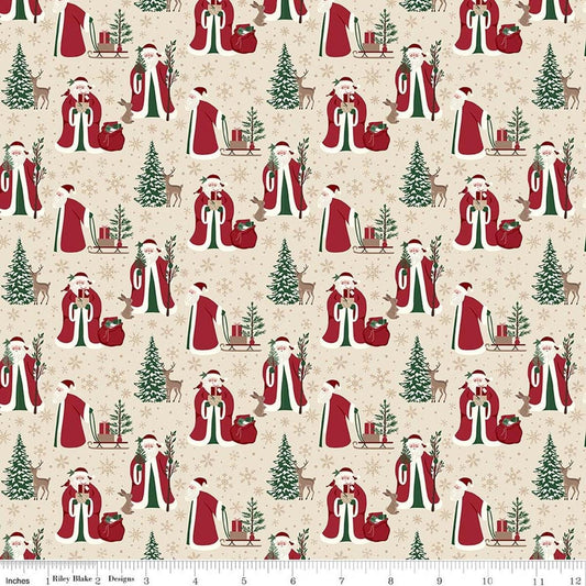 Image of Christmas Time Main Linen quilting cotton fabric by Dani Mogstad for Riley Blake Designs. Features Santas on a cream background. Cute Little Fabric Shop.