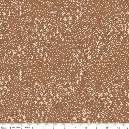 Image of Colorful Critters Sketch Brown Quilting Cotton Fabric by Official Licensed Product for Riley Blake Designs. Features crayon drawings on a brown background. Cute Little Fabric Shop.