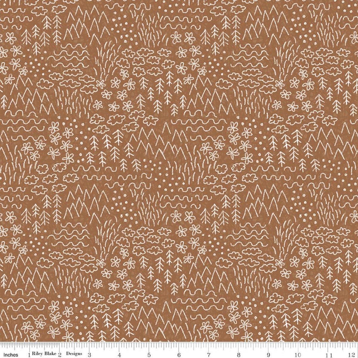 Image of Colorful Critters Sketch Brown Quilting Cotton Fabric by Official Licensed Product for Riley Blake Designs. Features crayon drawings on a brown background. Cute Little Fabric Shop.