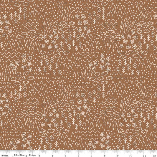 Image of Colorful Critters Sketch Brown Quilting Cotton Fabric by Official Licensed Product for Riley Blake Designs. Features crayon drawings on a brown background. Cute Little Fabric Shop.