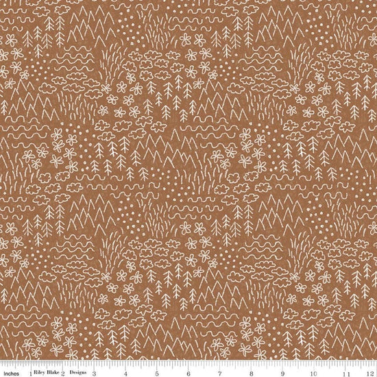 Image of Colorful Critters Sketch Brown Quilting Cotton Fabric by Official Licensed Product for Riley Blake Designs. Features crayon drawings on a brown background. Cute Little Fabric Shop.