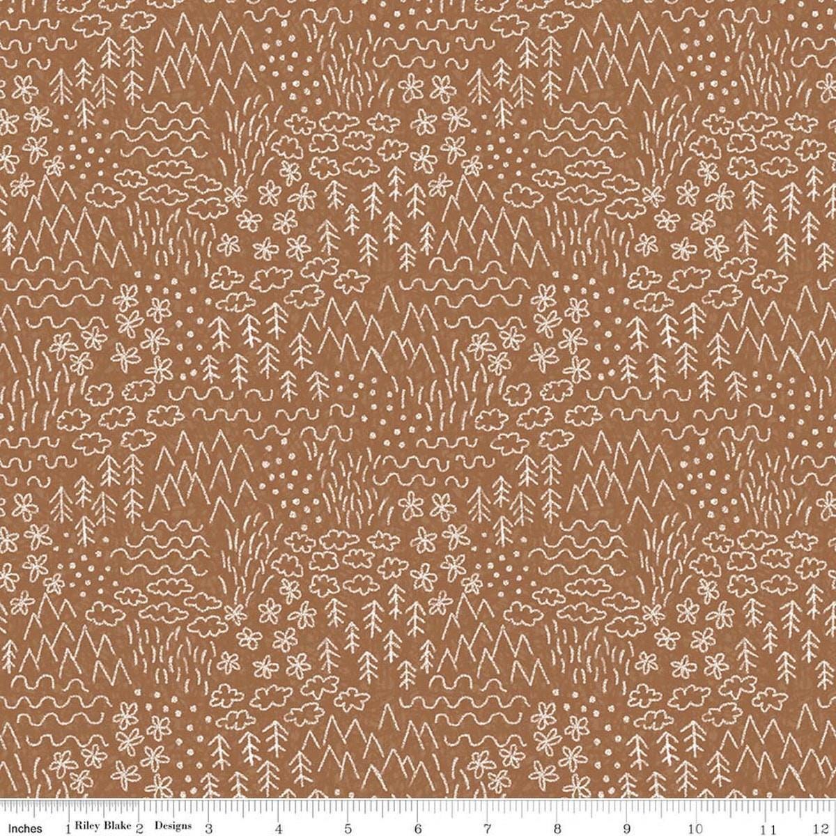 Image of Colorful Critters Sketch Brown Quilting Cotton Fabric by Official Licensed Product for Riley Blake Designs. Features crayon drawings on a brown background. Cute Little Fabric Shop.