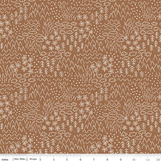 Image of Colorful Critters Sketch Brown Quilting Cotton Fabric by Official Licensed Product for Riley Blake Designs. Features crayon drawings on a brown background. Cute Little Fabric Shop.