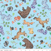Image of Colorful Critters Main Blue Quilting Cotton Fabric by Official Licensed Product for Riley Blake Designs. Features animals on a blue background. Cute Little Fabric Shop.