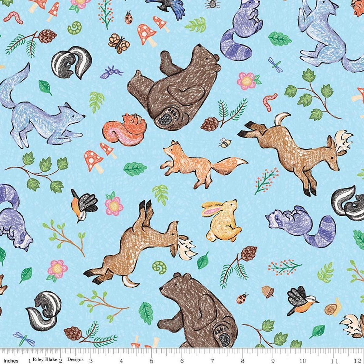 Image of Colorful Critters Main Blue Quilting Cotton Fabric by Official Licensed Product for Riley Blake Designs. Features animals on a blue background. Cute Little Fabric Shop.