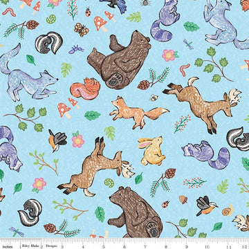 Image of Colorful Critters Main Blue Quilting Cotton Fabric by Official Licensed Product for Riley Blake Designs. Features animals on a blue background. Cute Little Fabric Shop.