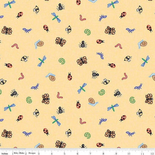 Image of Colorful Critters Bug Toss Yellow Quilting Cotton Fabric by Official Licensed Product for Riley Blake Designs. Features insects on a yellow background. Cute Little Fabric Shop.