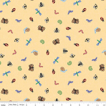 Image of Colorful Critters Bug Toss Yellow Quilting Cotton Fabric by Official Licensed Product for Riley Blake Designs. Features insects on a yellow background. Cute Little Fabric Shop.