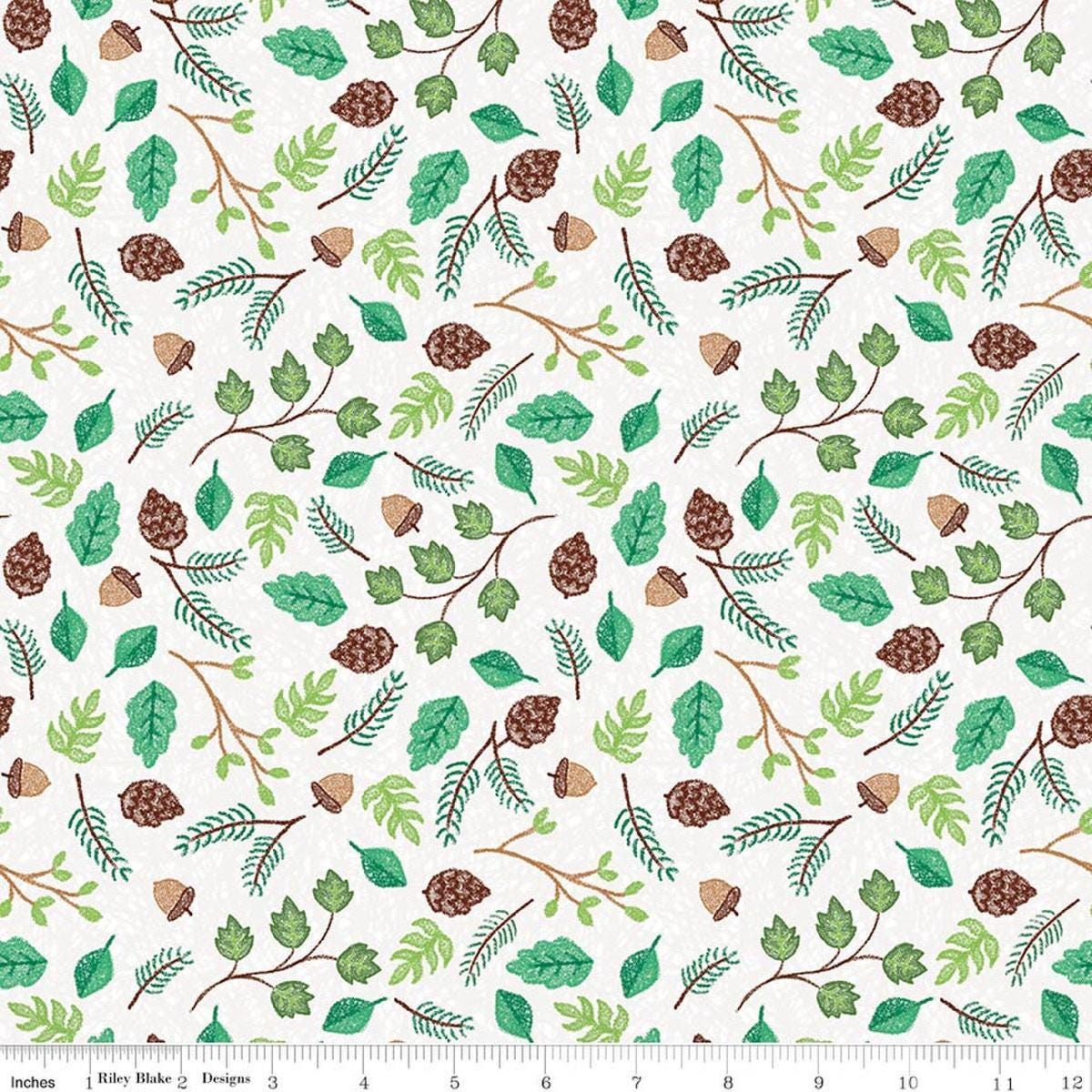 Image of Colorful Critters Botanical White Quilting Cotton Fabric by Official Licensed Product for Riley Blake Designs. Features leaves on a white background. Cute Little Fabric Shop.