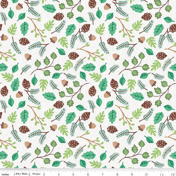 Image of Colorful Critters Botanical White Quilting Cotton Fabric by Official Licensed Product for Riley Blake Designs. Features leaves on a white background. Cute Little Fabric Shop.