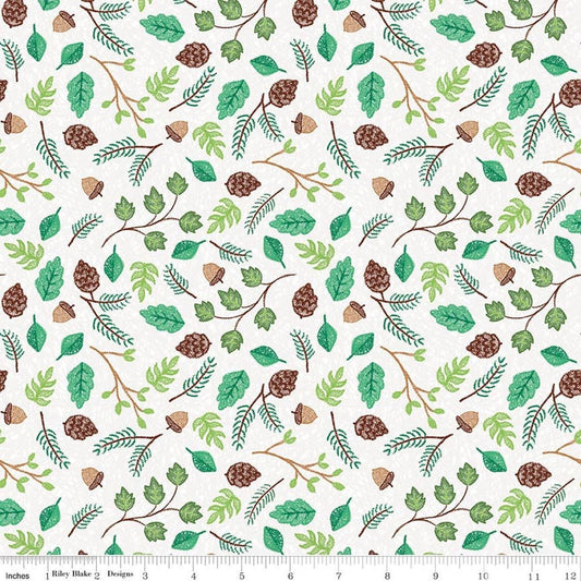 Image of Colorful Critters Botanical White Quilting Cotton Fabric by Official Licensed Product for Riley Blake Designs. Features leaves on a white background. Cute Little Fabric Shop.