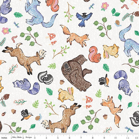 Image of Colorful Critters Main White Quilting Cotton Fabric by Official Licensed Product for Riley Blake Designs. Features animals on a white background. Cute Little Fabric Shop.