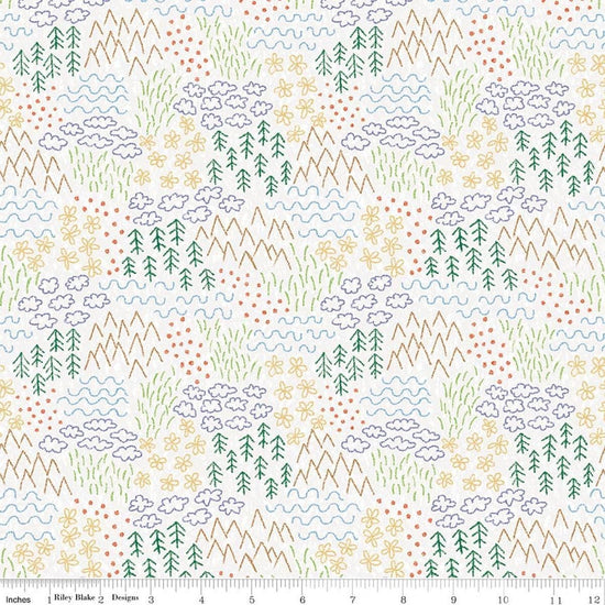 Image of Colorful Critters Sketch White Quilting Cotton Fabric by Official Licensed Product for Riley Blake Designs. Features crayon drawings on a white background. Cute Little Fabric Shop.