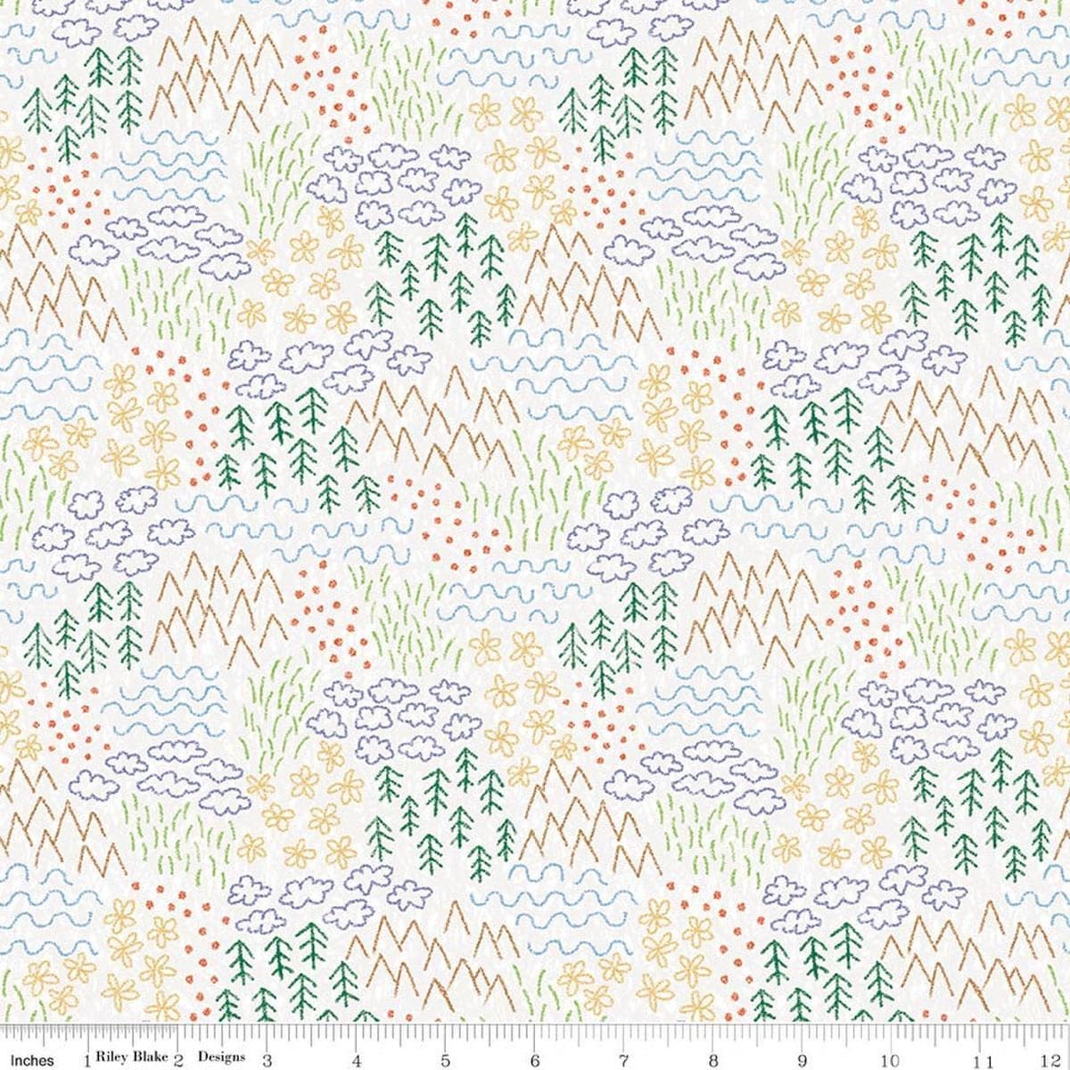 Image of Colorful Critters Sketch White Quilting Cotton Fabric by Official Licensed Product for Riley Blake Designs. Features crayon drawings on a white background. Cute Little Fabric Shop.