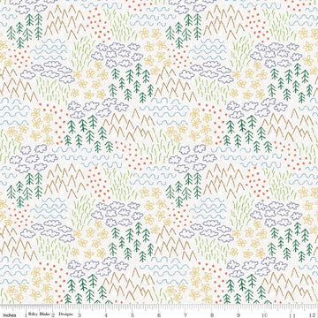 Image of Colorful Critters Sketch White Quilting Cotton Fabric by Official Licensed Product for Riley Blake Designs. Features crayon drawings on a white background. Cute Little Fabric Shop.